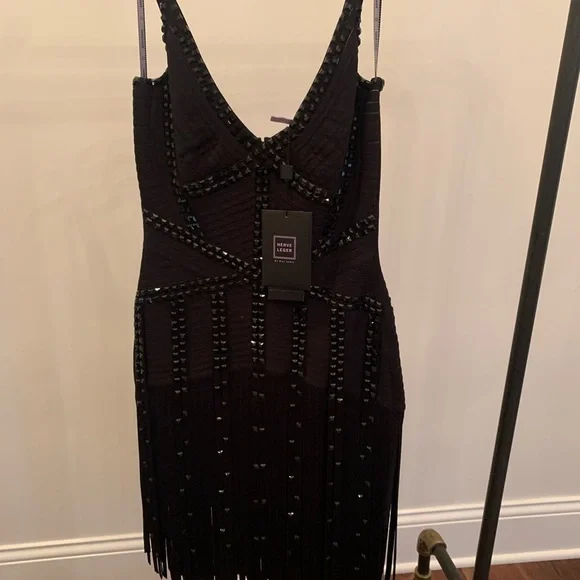 💕herve Leger Jadelyn Black Beaded Fringe Cocktail Dress. - Picture 5 of 10